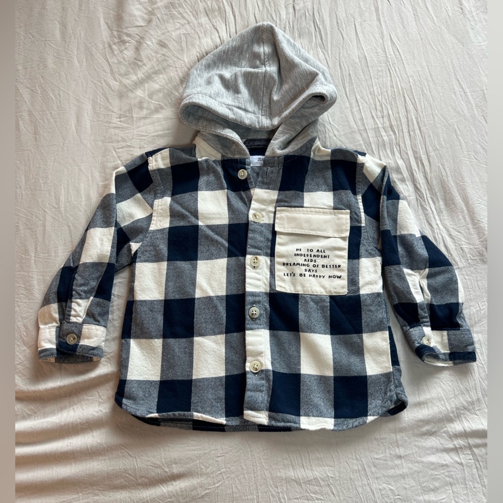 ZARA‎ Kid Boys Blue White Plaid Grey
Hoodie Flannel Fall Size 18-24 Months